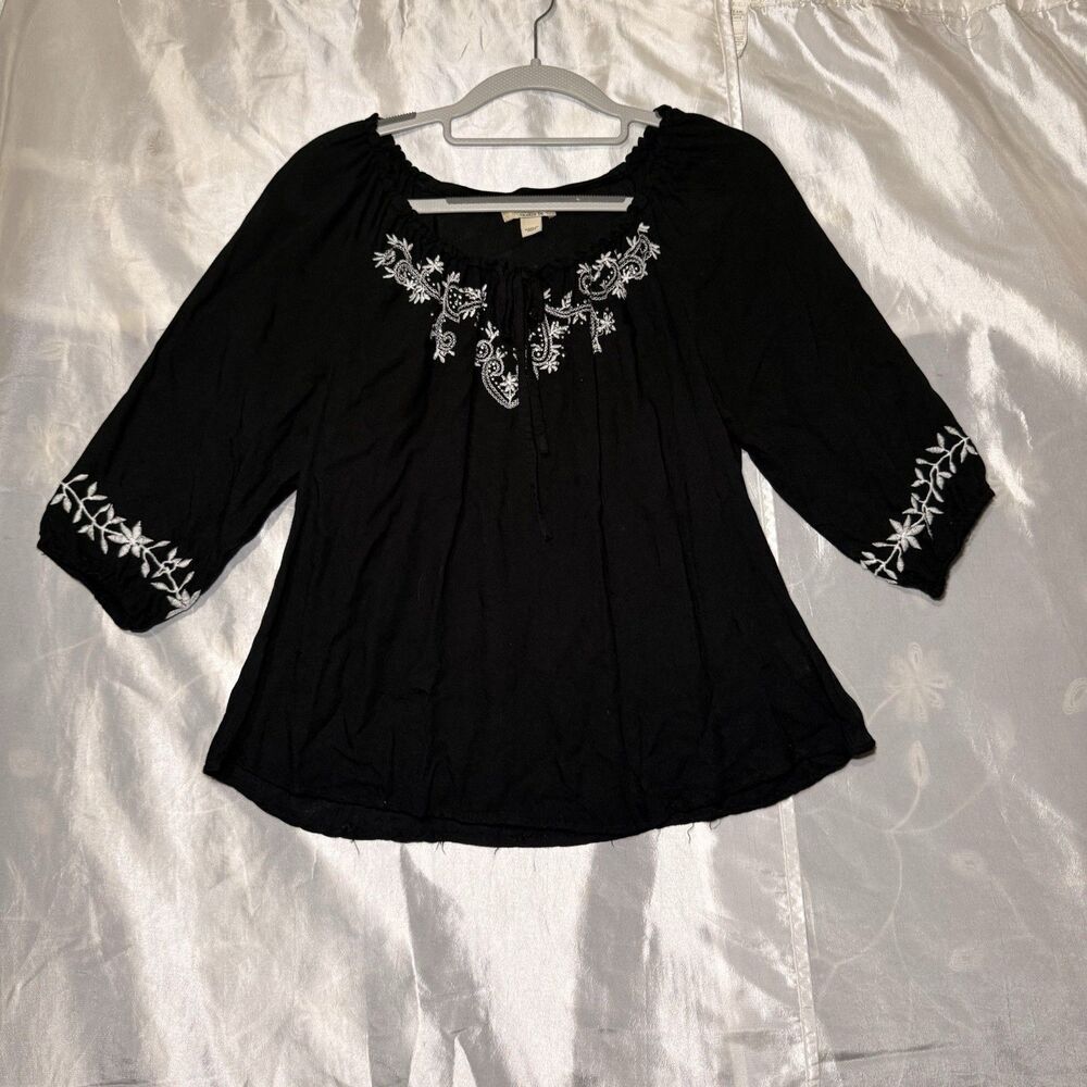 One World Black Embroidered Peasant Top Boho Smocked Blouse Cottagecore Sz PS